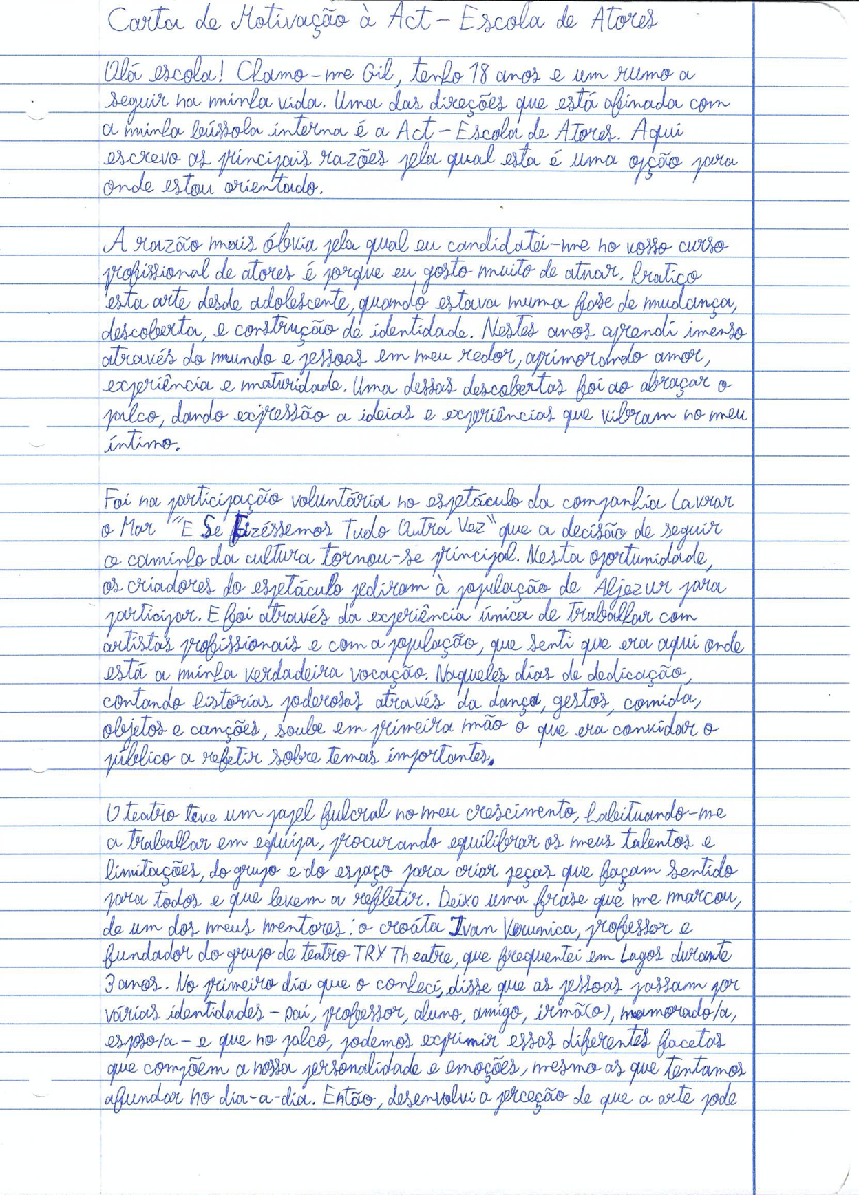 Carta de motivação do Gil à Act4All, página 1
